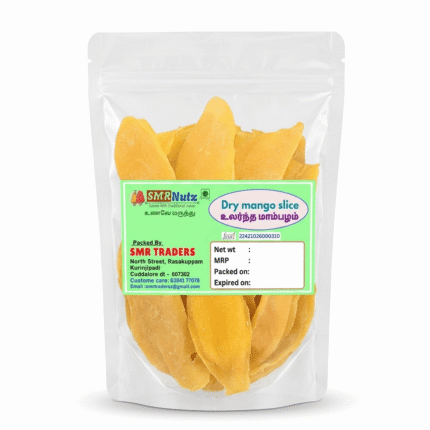 Dry mango slices by SMR Nutz in transparent packaging with naturally dried mango pieces