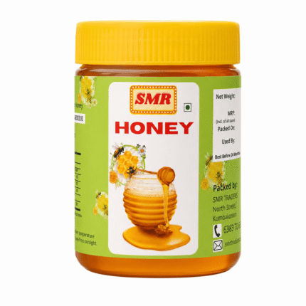 Pure natural honey by SMR Nutz in premium glass jar with golden honey texture
