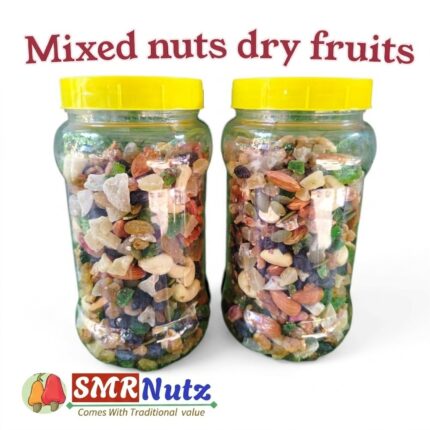 Premium 10-in-1 mixed nuts and dry fruits jar by SMRNutz featuring cashews, almonds, and pumpkin seeds.