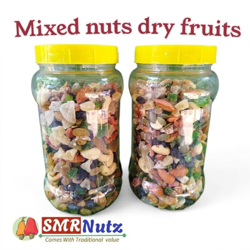 Premium 10-in-1 mixed nuts and dry fruits jar by SMRNutz featuring cashews, almonds, and pumpkin seeds.