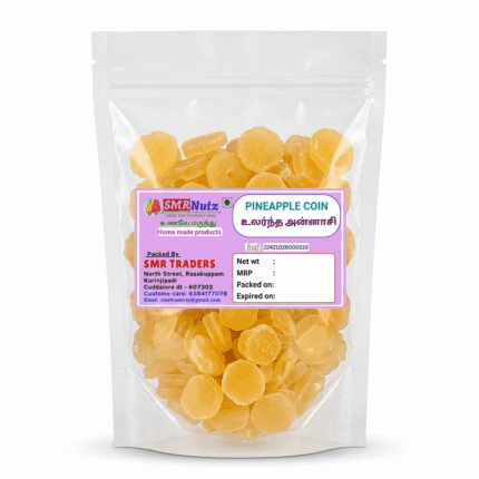 pineapple coins by SMR Nutz in transparent packaging with naturally dried pineapple slices