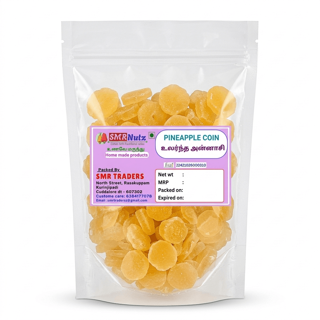 pineapple coin pineapple coins by SMR Nutz in transparent packaging with naturally dried pineapple slices