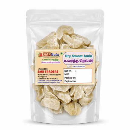 sweet amla by SMR Nutz in transparent packaging with fresh candied Indian gooseberry pieces