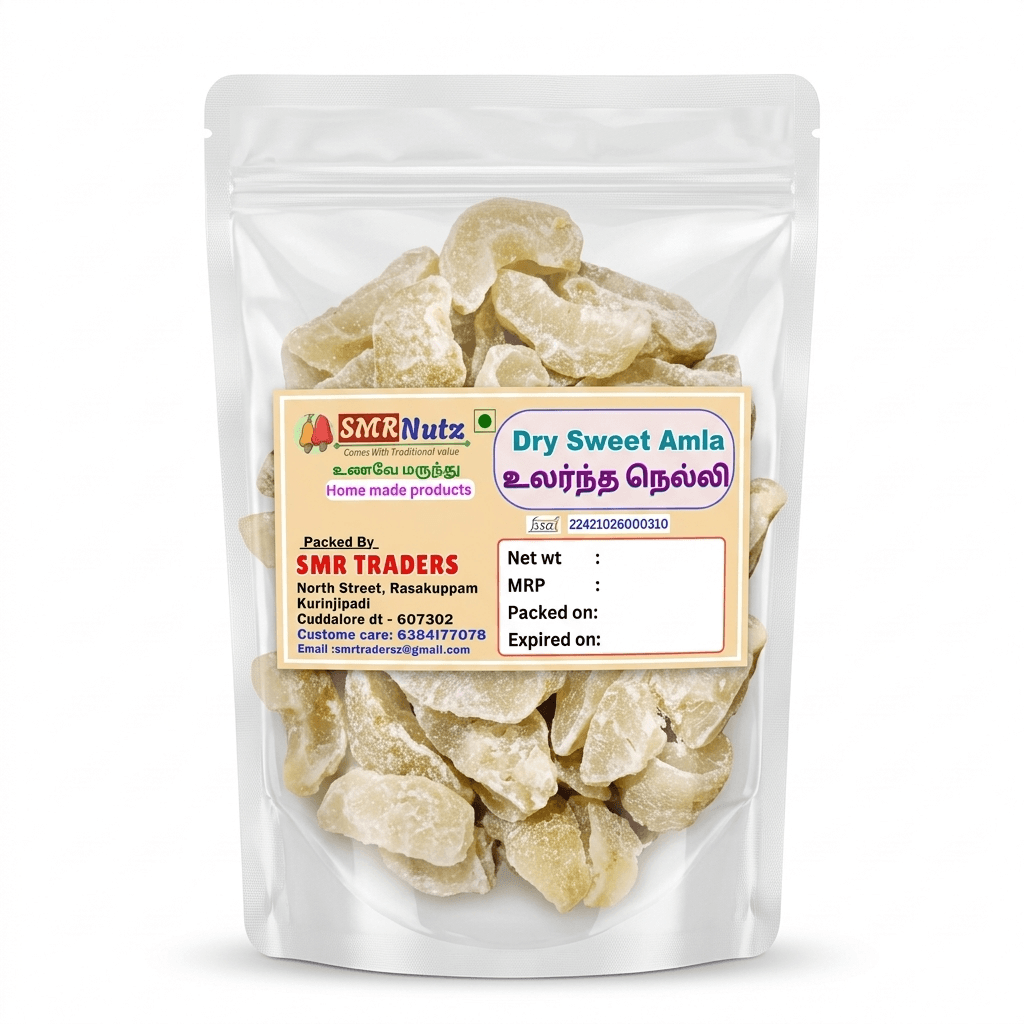 sweet amla sweet amla by SMR Nutz in transparent packaging with fresh candied Indian gooseberry pieces