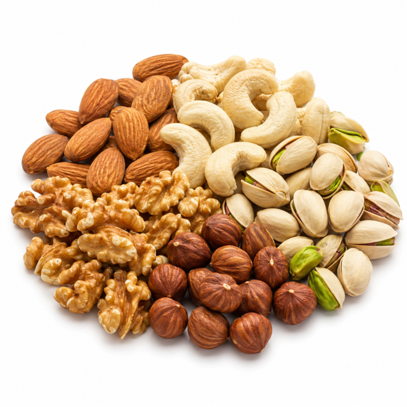 Premium mixed nuts assortment including almonds, cashews, pistachios and walnuts